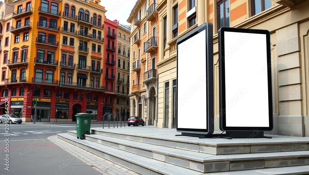 Fototapeta premium A quiet street in a european city with colorful buildings and empty display cases
