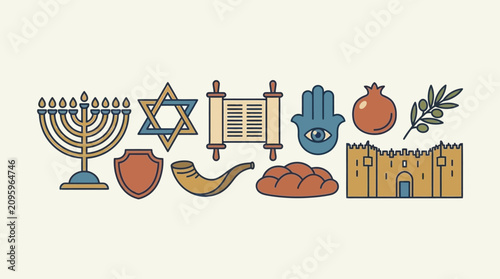 Foto A collection of traditional Jewish symbols and cultural icons arranged together