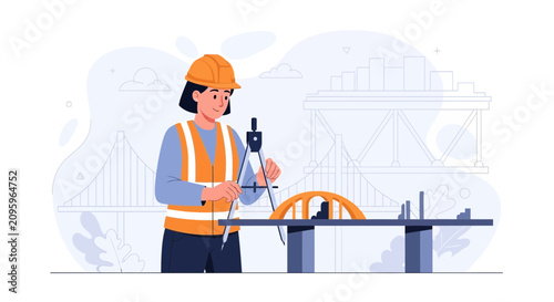 Female civil engineer using a compass to design a bridge, representing urban development and construction planning.