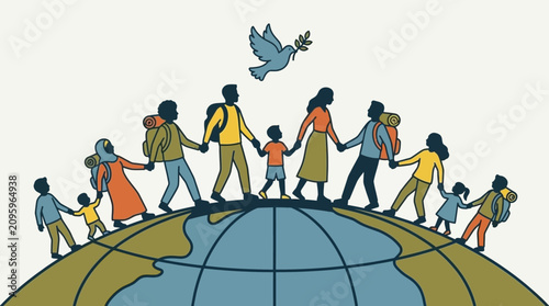 Foto Diverse families journey across the globe, united by hope for peace