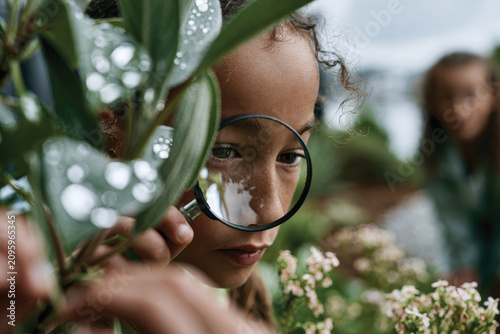 A focused young girl examines plants with a magnifying glass, merging curiosity with nature, while exploring the intricacies of the environment around her, fostering a love for the outdoors.