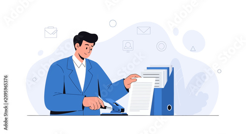Man in suit punching holes in document, preparing files for archiving, office organization concept vector illustration