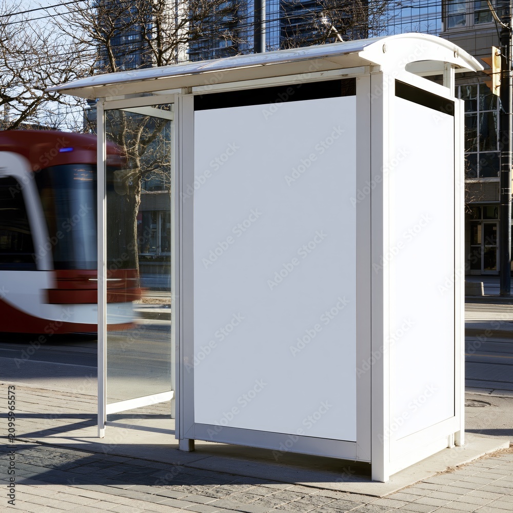 Obraz premium Blank Toronto bus shelter advertising display mockup. Blank white billboard poster display provides copy space at a downtown bus stop