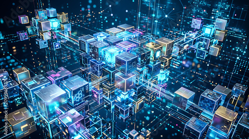 3 d rendering of glowing interconnected geometric cubes floating in dark space with neon blue and purple edges