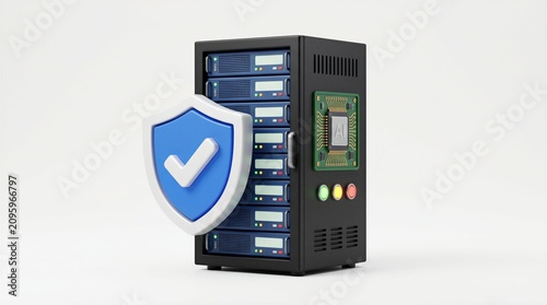 3D illustration of a server rack with an AI chip and a blue security shield representing data protection and cybersecurity in cloud computing.