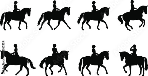 Bild auf Leinwand Horse and rider silhouette icon set featuring dynamic equestrian gait sequences