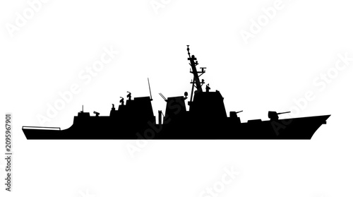 Naval warship destroyer silhouette on white background.