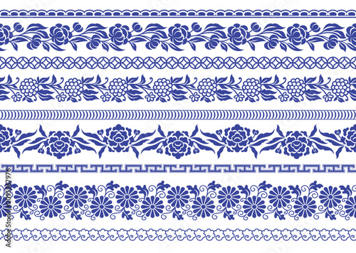 Chinese porcelane seamless borders vector set.