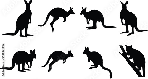 Kangaroo and Marsupial Silhouette Icons in Varied Poses
