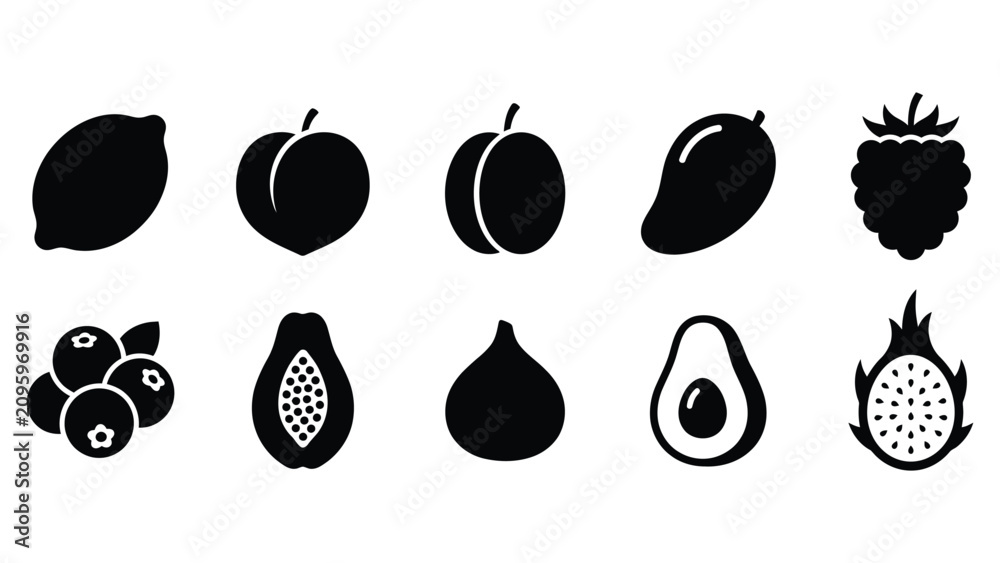 Obraz premium Set of fresh tropical and exotic fruits icons including citrus berries avocado and fig.