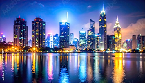 Modern City Skyline at Night with Water Reflections.
