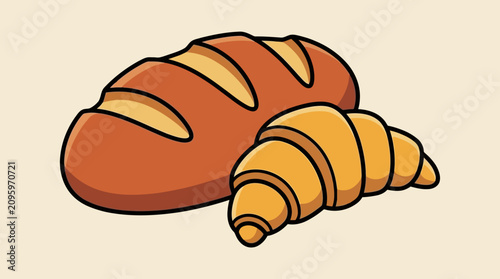 Quadro su tela A fresh loaf of crusty bread and a golden buttery croissant