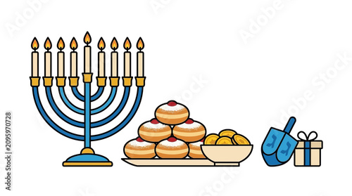 Bild auf Leinwand Festive Hanukkah display featuring a menorah, sufganiyot, gelt and a dreidel