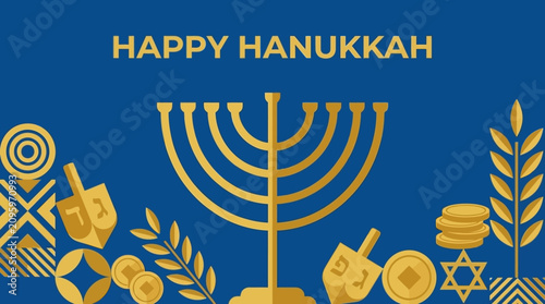 Картината върху платно Festive Hanukkah greeting with traditional golden menorah, dreidels and gelt