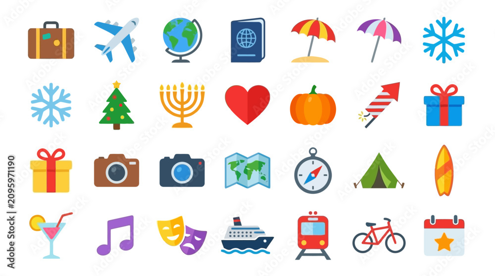 Fototapeta premium A collection of colorful flat vector icons representing various travel and holiday themes