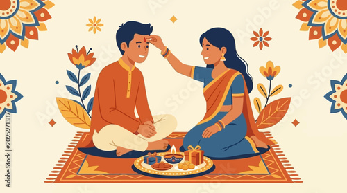 Foto Woman applying tilak on brother forehead during Raksha Bandhan celebration