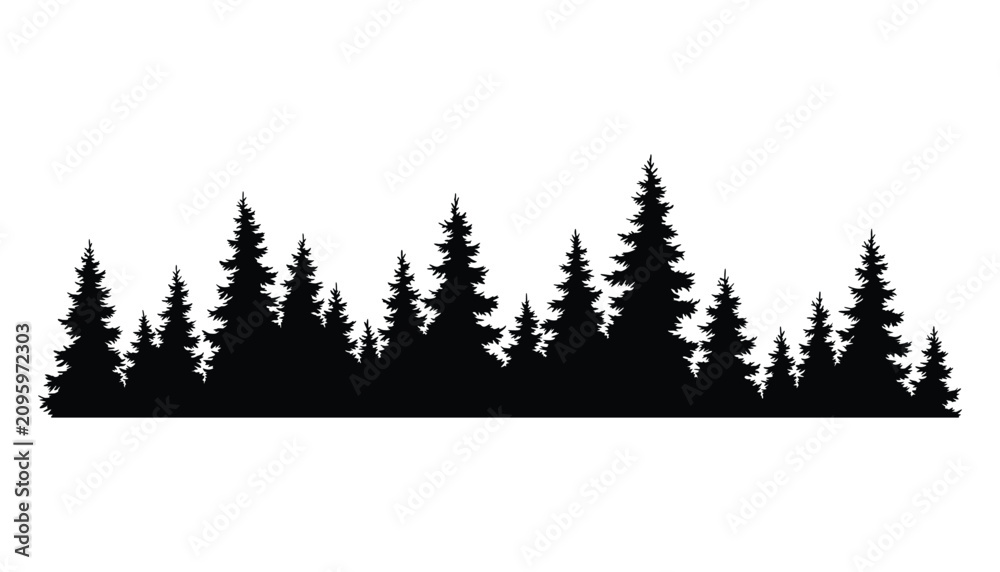 Fototapeta premium Fir trees silhouette. Coniferous spruce horizontal background pattern, black evergreen woods vector illustration. Beautiful hand drawn panorama of coniferous forest