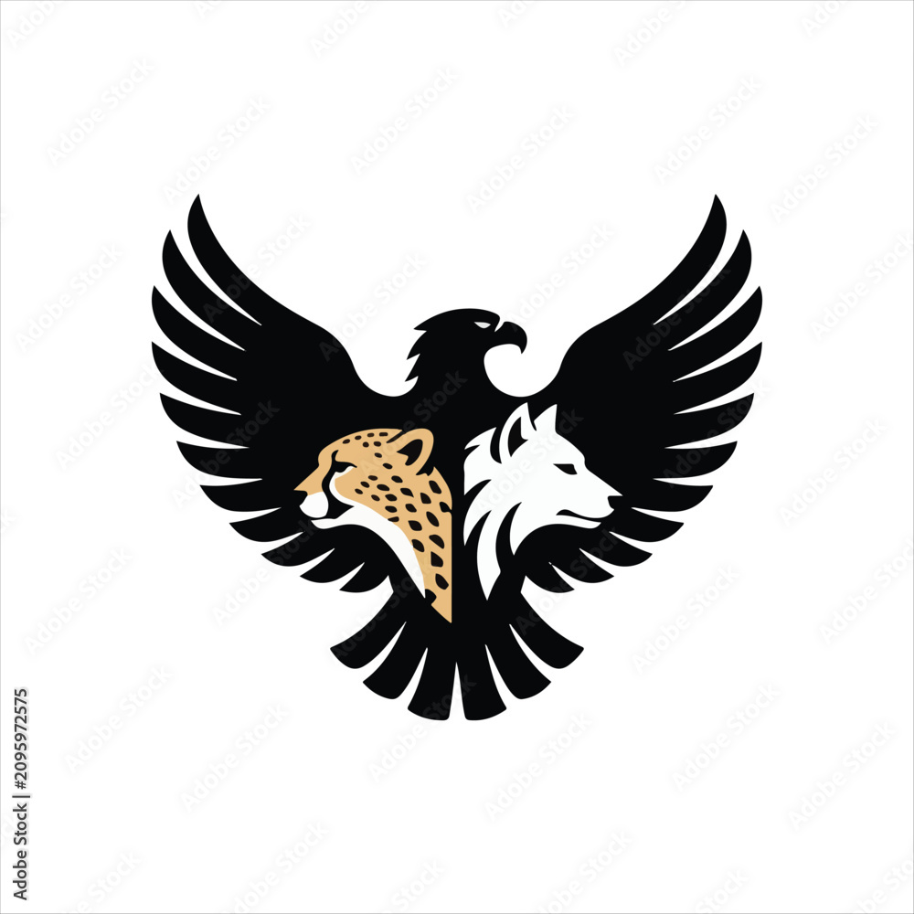 Fototapeta premium Heraldic Eagle Silhouette Luxury Brand Emblem, Minimal Eagle Logo With Leopard And Wolf Artwork, Creative Wildlife Eagle Badge Vector Illustration, Premium Falcon Eagle Symbol Graphic Design