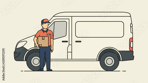 Professional Delivery Driver Standing Next to a Modern Cargo Van Delivering a Package for Courier Services and Logistics Transportation Concept