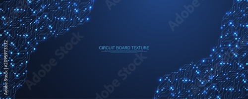 Futuristic blue circuit board system background. Modern technology circuit board texture background design. Quantum computer technology concept. Motherboard vector illustration