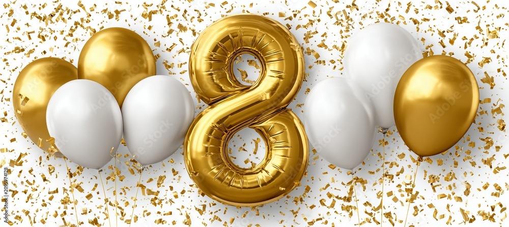 Fototapeta premium Grand Gold Number Eight Helium Balloon With Festive Balloons And Shiny Confetti For Anniversary Day