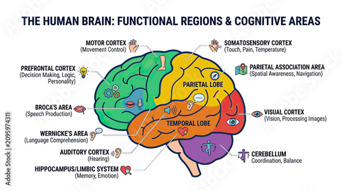 Obraz na płótnie Human Brain Functional Regions and Cognitive Areas Diagram