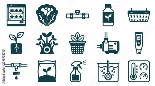 Photos Collection of 15 hydroponic farming icons including indoor grow systems, lettuce plants, water pumps, pH meters, net pots, nutrient solutions, and irrigation tools for urban agriculture