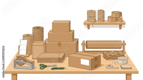 Packing Station Setup: A detailed illustration of a table laden with various packing supplies, including cardboard boxes, tape, scissors, and rolls of paper, ready for shipment.