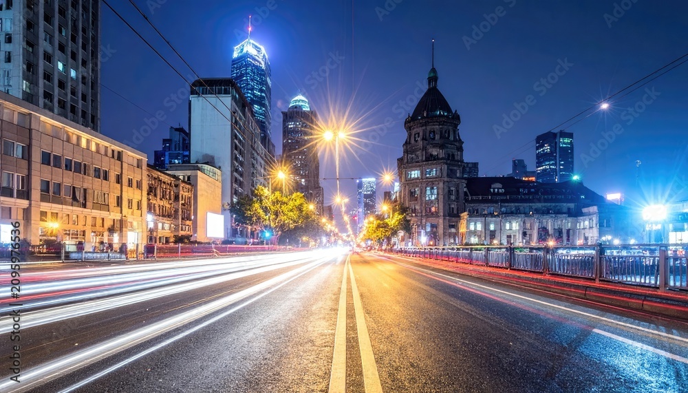 Naklejka premium Nighttime Cityscape with Light Trails on a Busy Road.