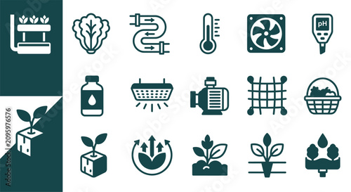 Fotografía Hydroponics and smart farming icon set featuring plant grow racks, lettuce, water irrigation pipes, thermometer, ventilation fan, pH meter, LED lights, and nutrient solution