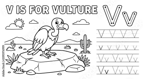 V is for Vulture Alphabet Coloring Page for Kids Printable Animal Worksheet Vector