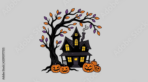 Tableau sur toile A spooky haunted house sits beneath a twisted tree with carved pumpkins