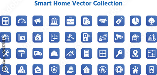 Real Estate Business and Property Management Blue Glyph Icon Set, Home Sale, Mortgage, Security, Construction and Smart Home Vector Collection
