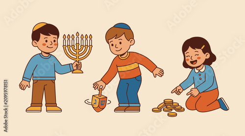 Foto Three children playing with a menorah, dreidel and gelt coins