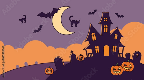 Schilderij op canvas A spooky haunted house stands under the glowing crescent moon at night