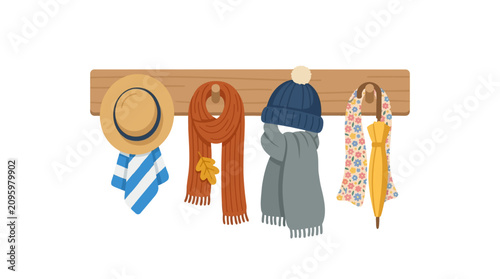 Seasonal Accessories: A collection of hats, scarves, an umbrella, and a striped piece of clothing hang neatly on a wooden coat rack, ready for changing weather.