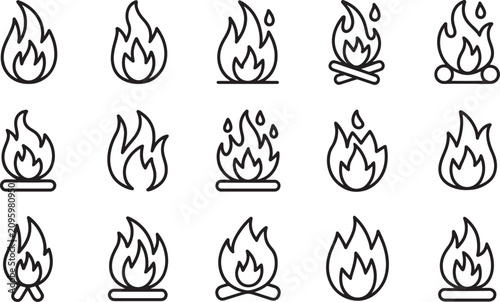 Foto Flame Line Icons Set with Various Fire Designs Including Campfire and Burning Sh