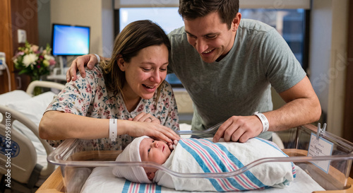 Joyful young parents admiring their newborn baby in a hospital bassinet during a tender bonding moment.