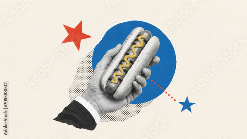 USA summer hot dog with mustard in hand, patriotic red white and blue paper collage for barbecue holiday cookout