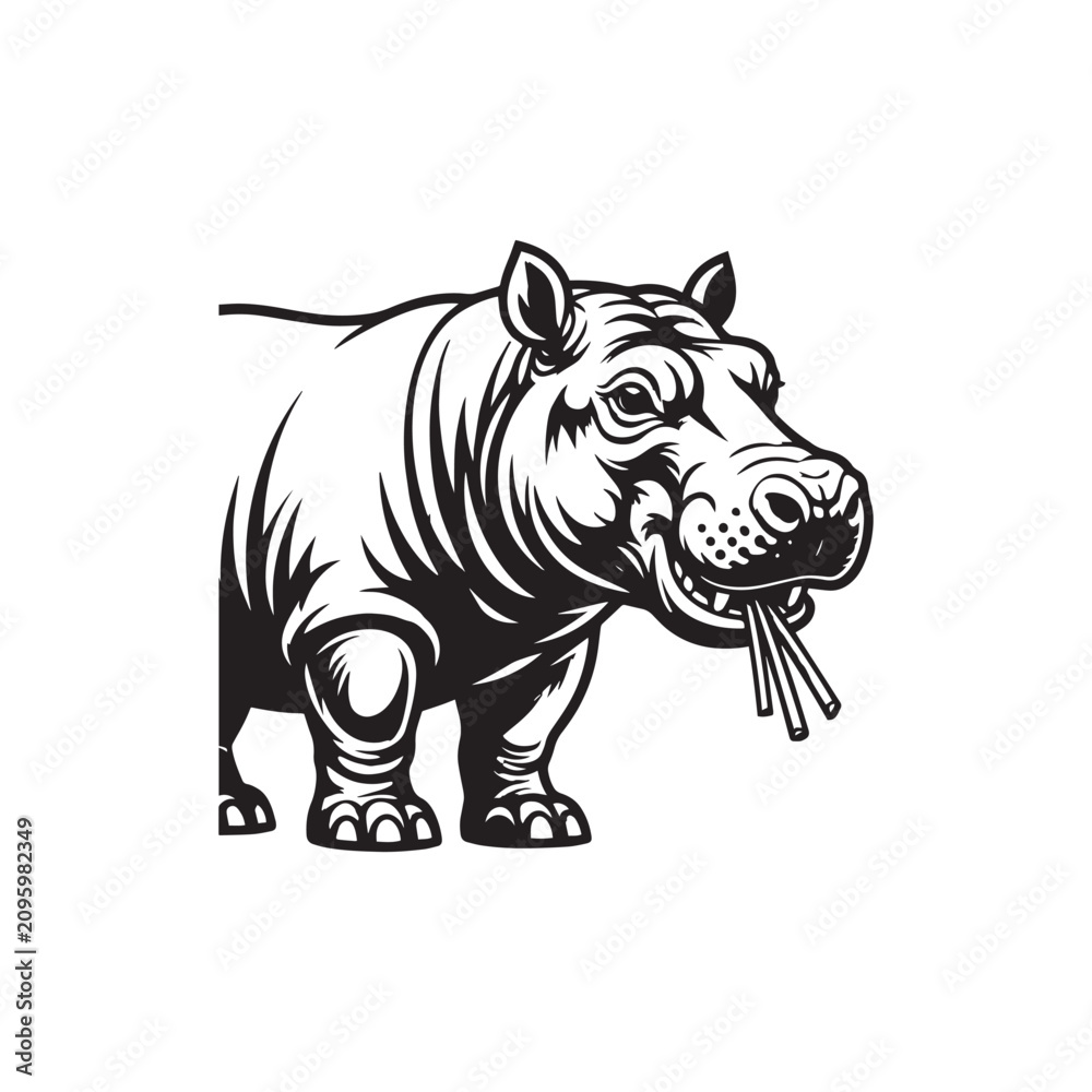 Fototapeta premium Safari animal silhouette, Massive herbivore shape, Fierce hippo vector, Zoo animal outline,