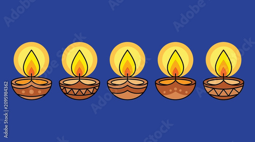 Foto Five glowing clay oil lamps arranged in a neat horizontal row