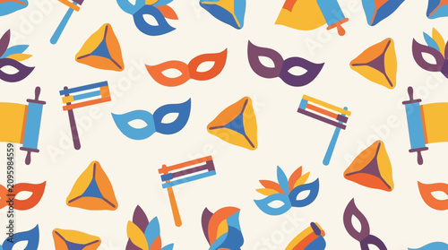 Tableau sur toile Colorful Purim holiday icons arranged in a festive seamless pattern