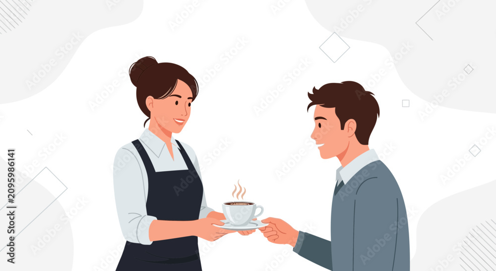 Obraz premium Smiling Barista Serving Coffee to Customer - Modern Flat Illustration