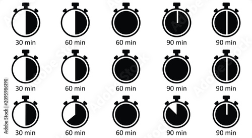 Photos Fifteen stopwatch icons showing elapsed time intervals in minutes with clean gra