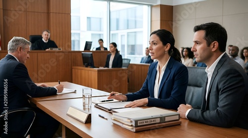 Lawyer and client in courtroom discussing evidence with judge presiding