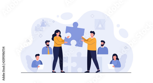 Teamwork and Collaboration: People fitting puzzle pieces together, symbolizing unity and shared goals in business and projects.
