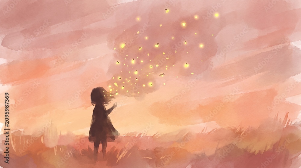 Obraz premium A silhouette figure standing still at dusk, glowing fireflies swirling gently from their head, dreamy watercolor illustration