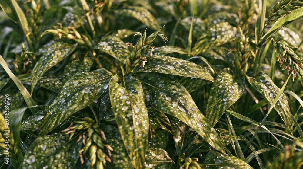 Obraz premium Green leaves covered in fresh morning dew droplets.