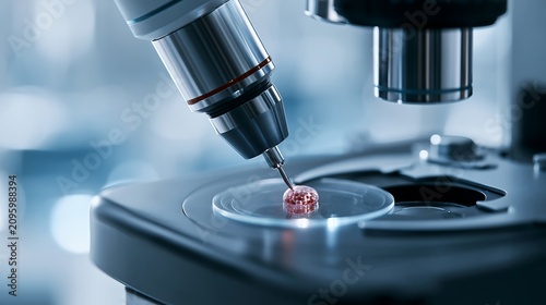 Microscope objective focused on a single biological cell for precision analysis. Biotechnology, laboratory diagnostics, biomedical engineering and next-generation healthcare research