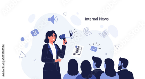 Woman with Megaphone Announcing Internal News to Colleagues, Communication and Business Concepts